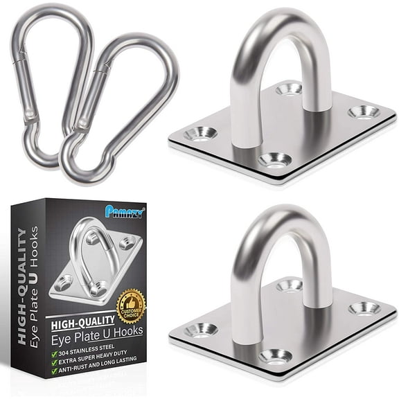 2PCS M8 Premium Heavy Duty Square Stainless Steel Pad Eye Hook   2PCS Snap Hooks and 8PCS Screws With 8PCS Plastic Expansion Tube, Ceiling Hook for Outdoor Indoor Activity$$Hardware