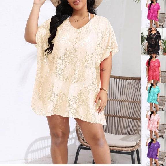 Tqyyweavej Plus Size Beach Cover Up for Women Lace Sheer Short Sleeve Dresses Solid Color Loose V Neck Bathing Suit Coverups XL-4XL