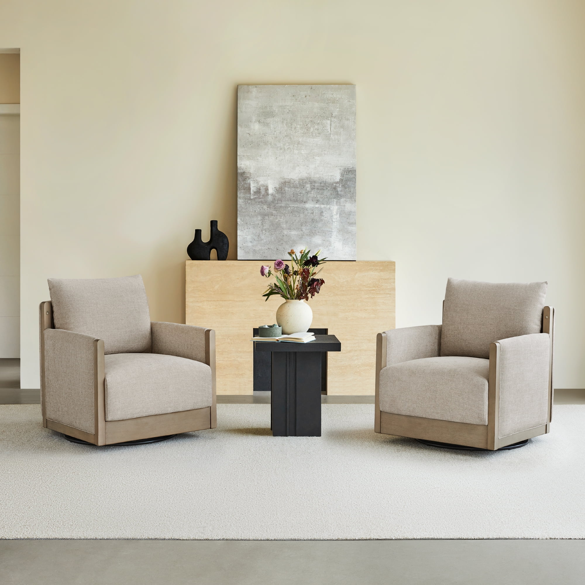 Spruce & Spring Mid-Century Modern Swivel Accent Chair with Curved Back and Upholstered Arms Single, Beige&Grey Wood