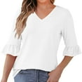 thumbnail image 3 of DDAPJ pyju 3/4 Length Sleeve Womens Tops Trendy Summer Tunic Tops Dressy Casual V Neck Blouses White XL, 3 of 9