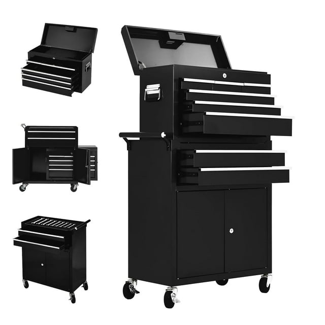 EDTara Coffre à Outils, Coffre à Outils Roulant Robuste à 8 Tiroirs avec Boîte à Outils Détachable Armoire de Rangement en Acier Tiroirs Coulissants Roues Verrouillables pour l'Organisation des Outils de Garage Atelier Mécanicien Noir