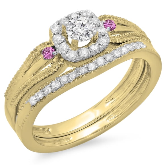 Dazzlingrock Collection 10K Round White Diamond And Pink Sapphire Halo Bridal Engagement Ring Set, Yellow Gold, Size 9