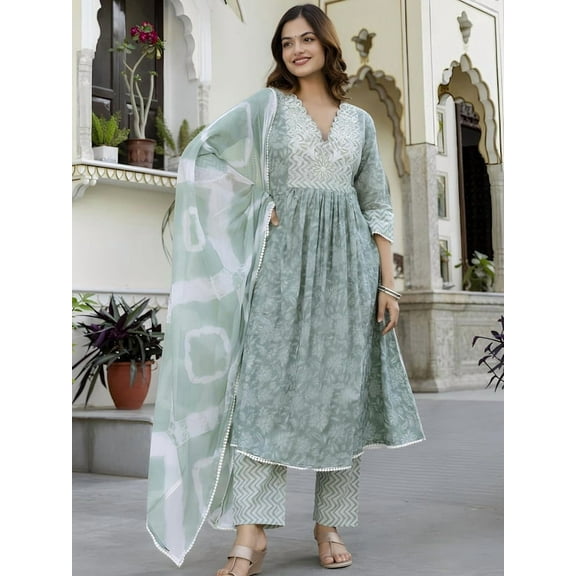 Anouk Women Floral Embroidered Cotton Kurta with Trousers & With Dupatta - Indian Ethnic Traditional Wear Kurta Set