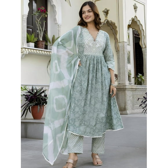 Anouk Kurta en Coton pour Femmes à Broderie Florale avec Pantalon et avec Dupatta - Ensemble de Kurta de Tenue Traditionnelle Ethnique Indienne