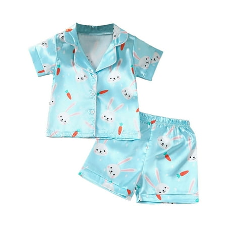 Toddler Boys Girls Short Sleeve Bunny Rabbit Printed T-Shirt Tops Shorts Party Pajamas Outfits Clothes Sets Unique Child Dailywear