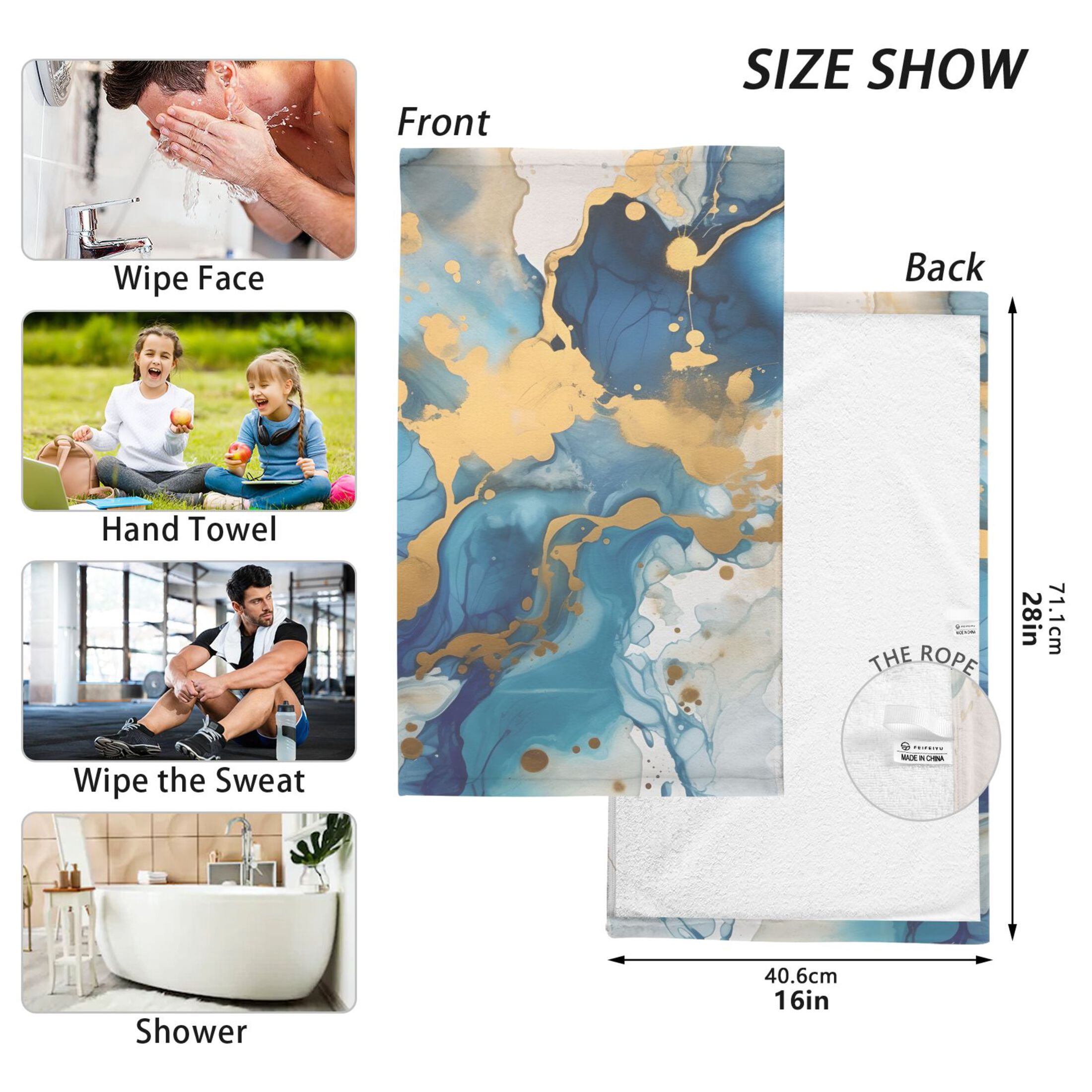 2 Pcs Hand Towel Set Sapphire Blue Gold Marble Cotton Absorbent Soft Face Towels Bath Towels for Bathroom Kitchen Shower Hotel Decor 16"x28"
