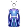 thumbnail image 4 of iiniim Girls Halloween Alien Long Sleeves Zip Up A-line Dress with Belt and Hair Hoop Shiny Metallic Outer Space Blue 12, 4 of 7