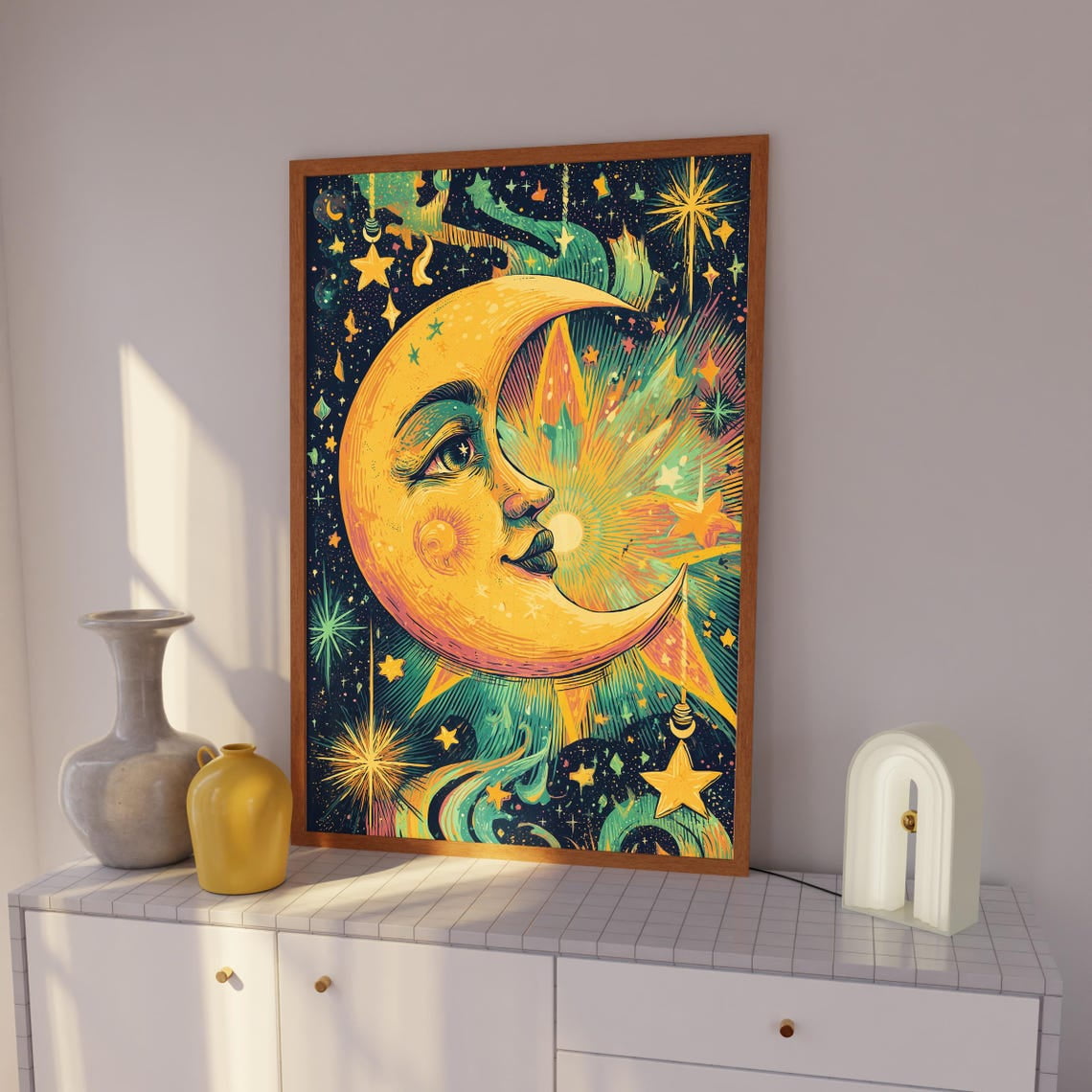 Retro Psychedelic Moon Art Print 70S Celestial Wall Decor Dreamy Cosmic Maximalist Wall Decor Vintage Aesthetic Art 70S Home Decor Print Wall Art Modern Wall Decor 24x36 UNFRAMED