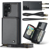 ELEHOLD Crossbody Wallet Phone Case for Samsung Galaxy S23 Ultra 6.8", Zipper Pocket Card Holders Detachable Crossbody Strap Lanyard RFID Blocking Soft Leather Protective Case,Black
