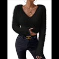 thumbnail image 3 of Suéter Corto de Larga con Cuello en V para Mujer, Informal, Liso, Ajustado, Cálido, de Punto Negro M, 3 of 8
