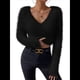 thumbnail image 3 of Suéter Corto de Larga con Cuello en V para Mujer, Informal, Liso, Ajustado, Cálido, de Punto Negro M, 3 of 8
