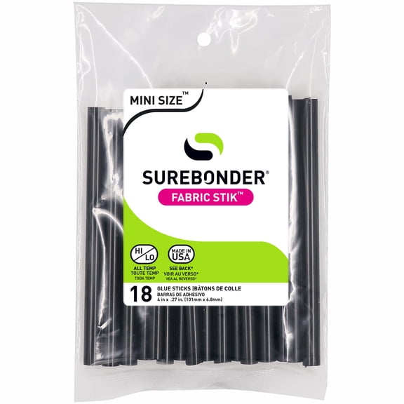 Surebonder Black Mini Size Fabric Hot Glue Sticks, 4-Inch Length - Machine Washable, Works with Fabric, Leather, Ribbon, Foam, 18 Pack, Black