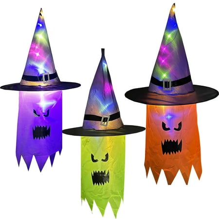 

3pcs Halloween Luminous Hat Pendant Halloween Decoration Hanging Lighted Glowing Ghost Hat Decoration for Outdoor Yard Tree