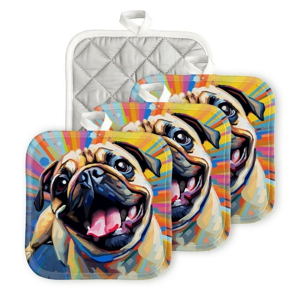 BaHomeck Pot Holders 4pcs dacron Made Square heat-resisting mat Machine Washable for Kitchen Oven Hot Pads 6.7inch*6.7inch,Happy Cute Bulldog Drawing