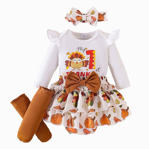 Quealent Baby Girl My First Thanksgiving Outfit Turkey Romper Ruffle Layered Shorts Headband Socks Cute Fall Clothes (White, 9-12 Months)