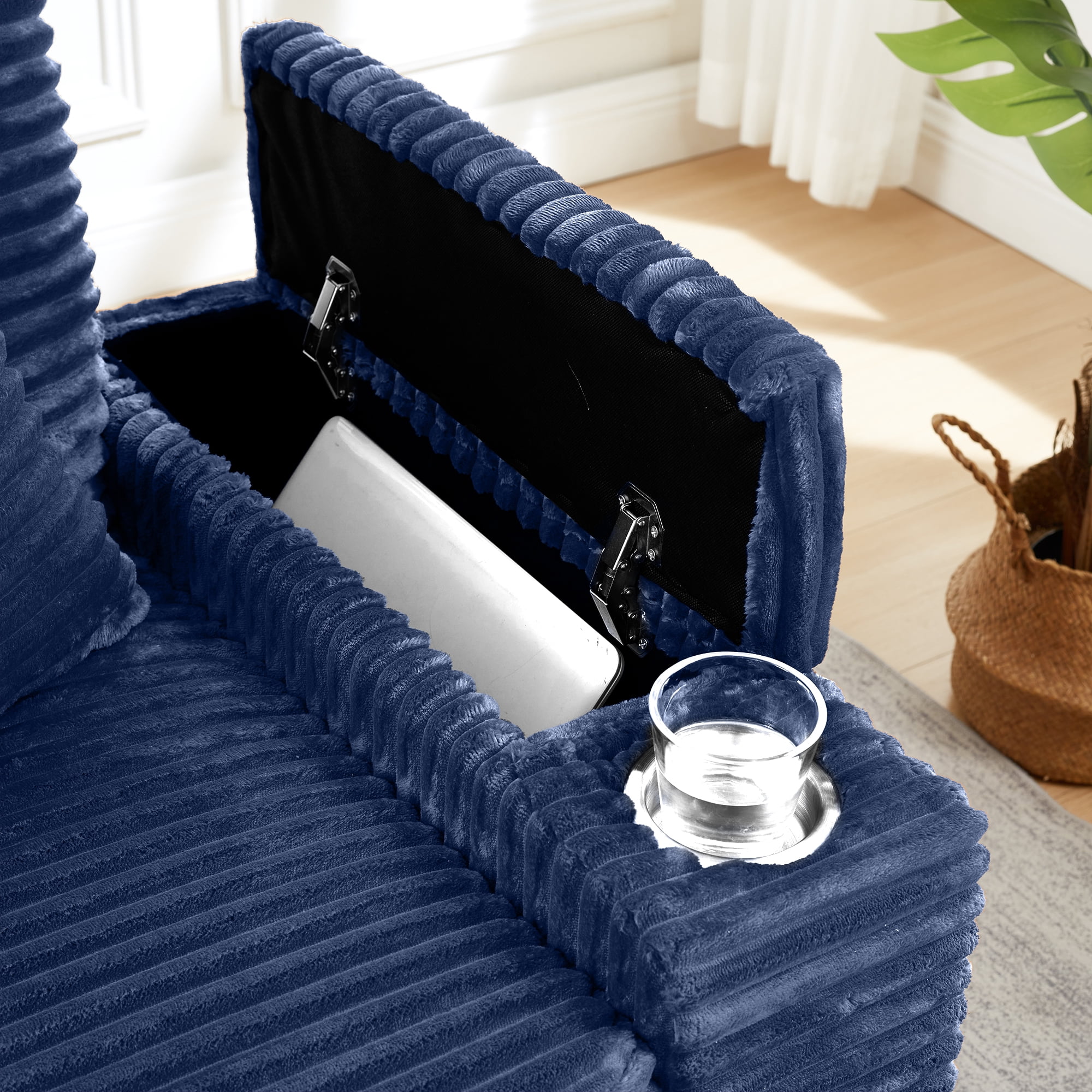 Aukfa Corduroy Chaise Lounge Chair with Ottoman, Hidden Rotating Table, Storage Armrest with Cup Holder, USB Port & Bluetooth Speaker, Blue