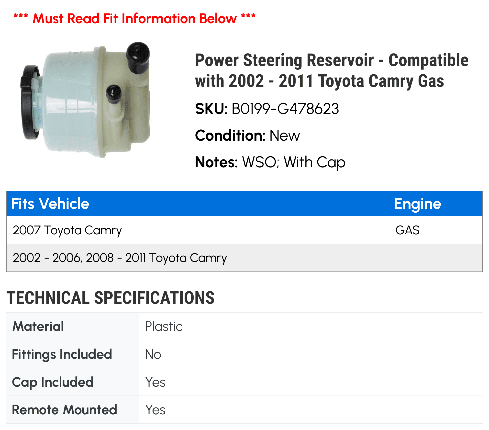 Power Steering Reservoir - Compatible with 2002 - 2011 Toyota Camry Gas 2003 2004 2005 2006 2007 2008 2009 2010