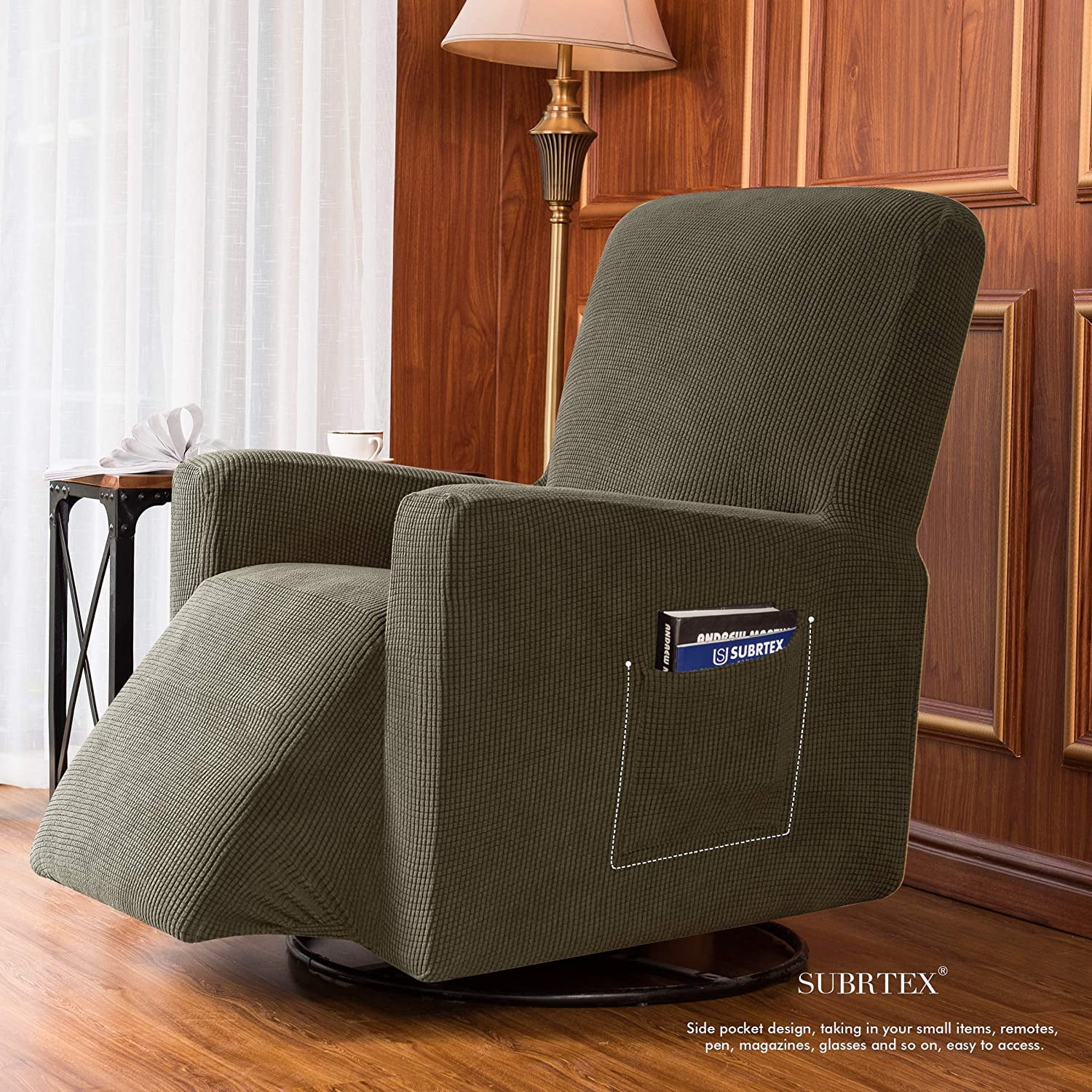 Subrtex Stretch 1-Piece Textured Grid Recliner Slipcover, Olive Green