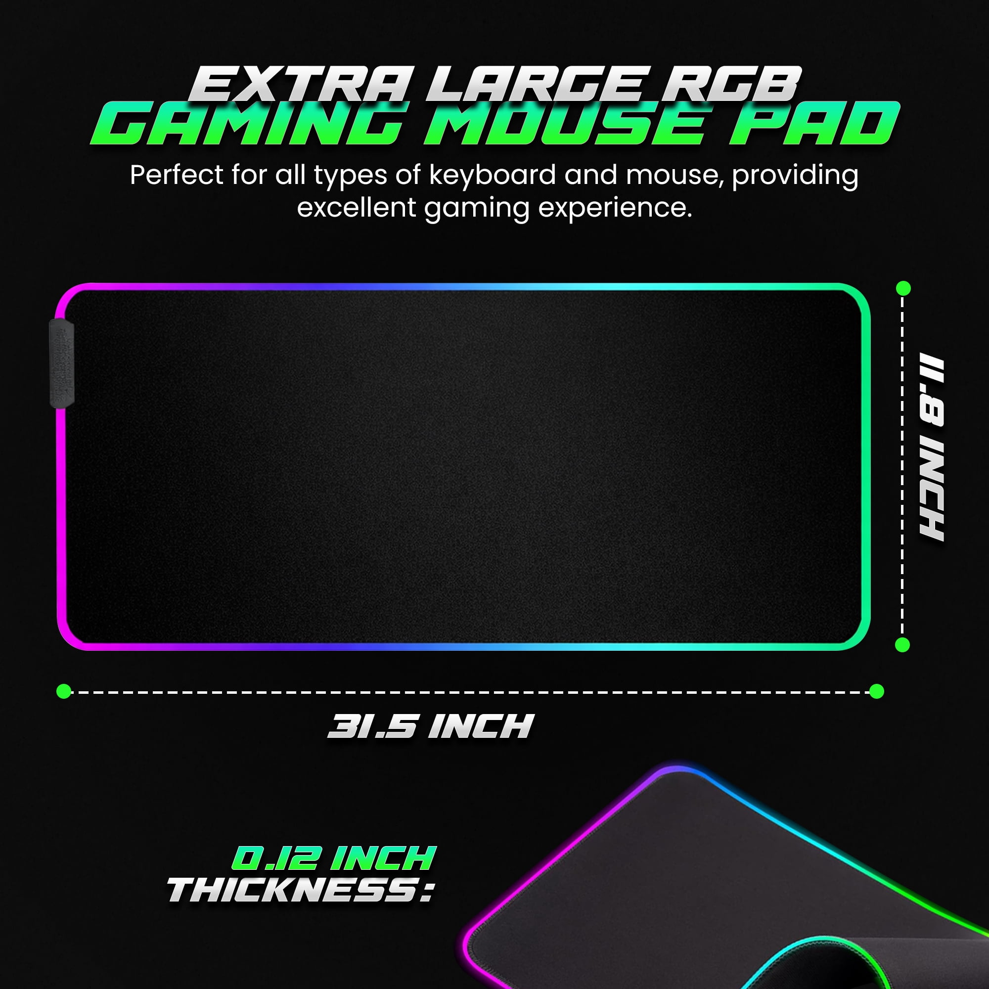 Lumen8 RGB LED Gaming Desk Mouse Pad, 11.8 x 31.5 in, USB Powered with Braided Micro USB Cable, Water-Resistant