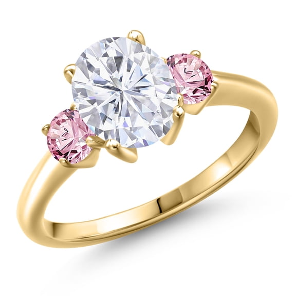Gem Stone King 10K Yellow Gold White Moissanite and Pink Lab Grown Diamond Engagement Ring for Women | 2.60 Cttw | Oval 9X7MM | Gemstone Birthstone | Size 9