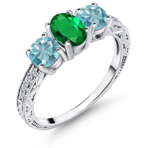 Gem Stone King 2.42 Ct Oval Green Nano Emerald Blue Zircon 925 Sterling Silver Ring (Size 7)