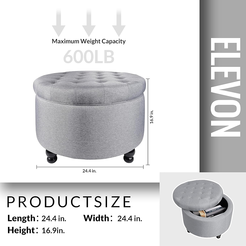 Elevon Large Round Storage Ottoman with Hidden Compartment, Upholstered Accent Ottoman for Living Room and Bedroom, Navy Blue / Blue / Grey
