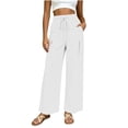 thumbnail image 4 of Linen Wide Leg Pants for Women Elastic Waist Solid Color Palazzo Pants Casual Summer Drawstring Long Pants with Pockets Flowy Beach Vacation Clothes, 4 of 8