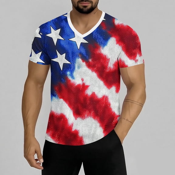 Yertdoel Mens T-shirts Patriotic Print Short Sleeve V Neck T-Shirts Loose Breathable 250 Anniversary USA Independence Day Tops