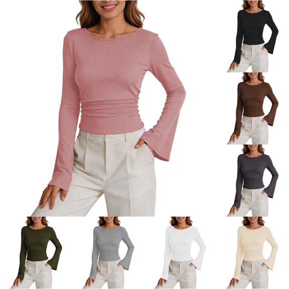 Jane Wardrobe Women's Ribbed Bell Sleeve Top, Slim Fit Crew Neck Long Sleeve T-Shirt, 1 Piece, S-XXL Plus Size Friendly