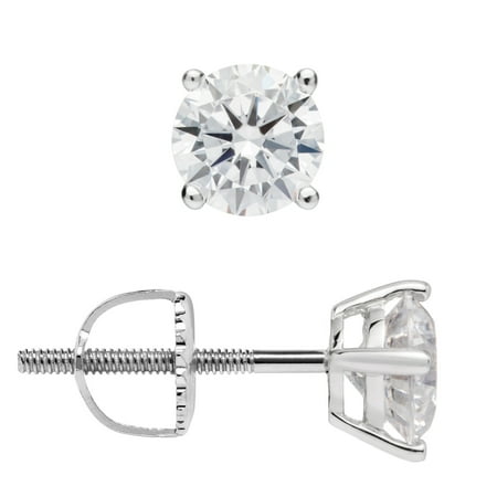 Screw Back Signed - 14K Solid White Gold Stud Earrings | Round Cut Cubic Zirconia | Screw Back Posts | 1.0 CTW | With Gift Box