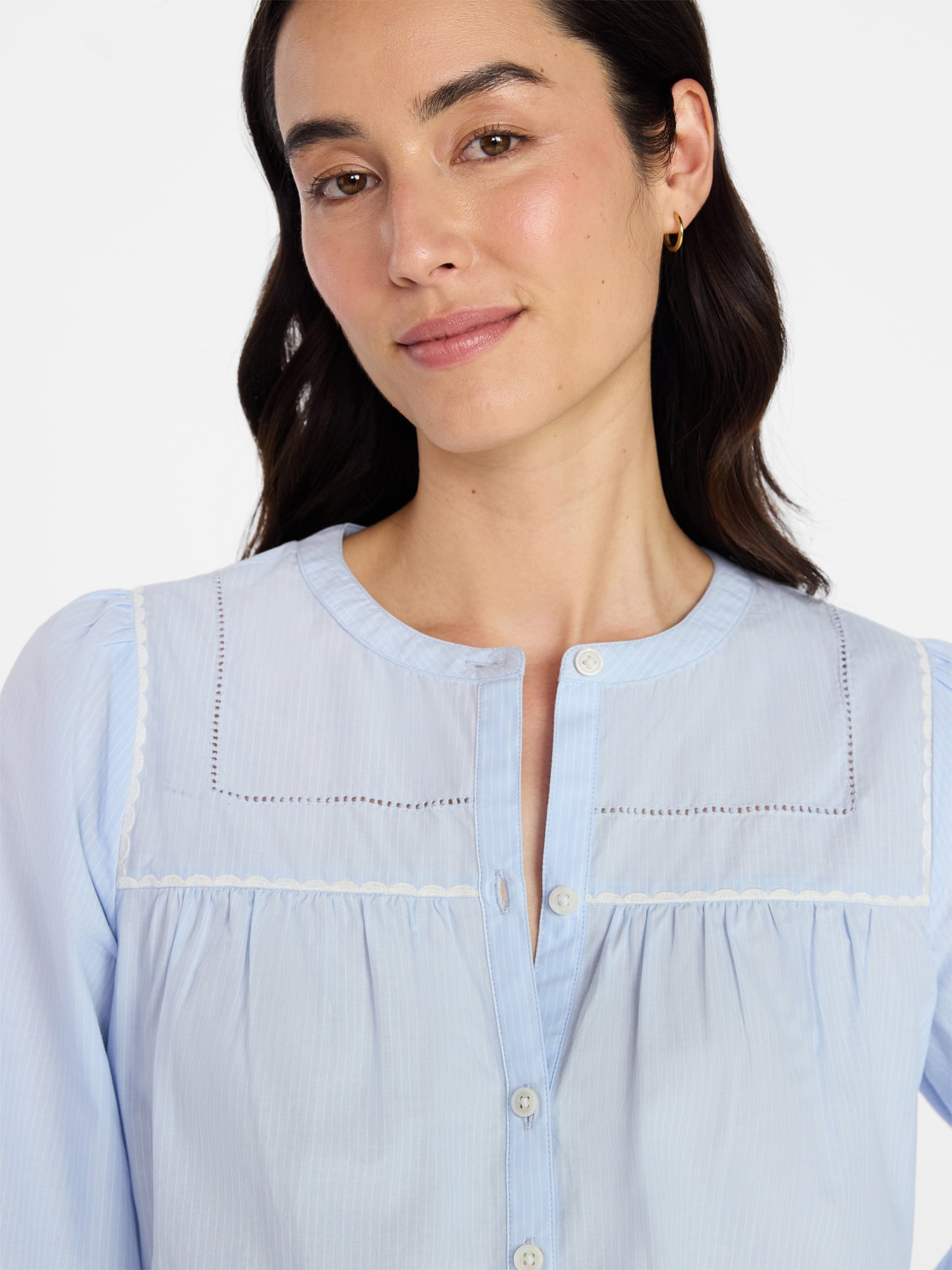 Time and Tru Women's Embroidered Cotton Button Front Shirt with Long Sleeves, Sizes XS-XXXL