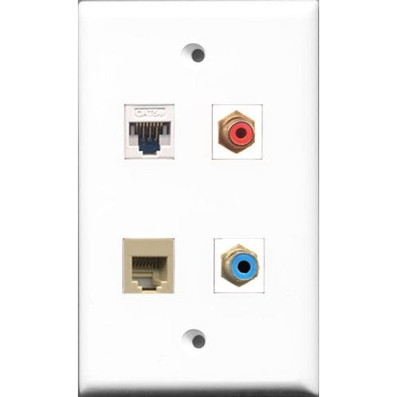 RiteAV 1 Port RCA Red and 1 Port RCA Blue and 1 Port Phone RJ11 RJ12 Beige and 1 Port Cat5e Ethernet White Wall Plate
