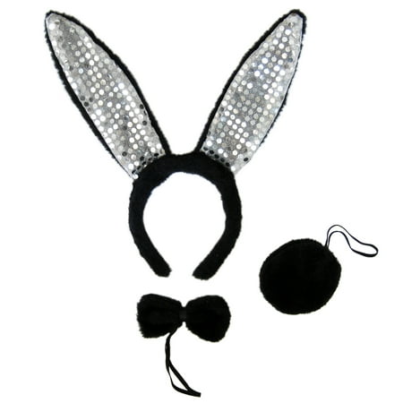 SeasonsTrading Black Plush Sequin Bunny Ears Costume Set - Rabbit Party