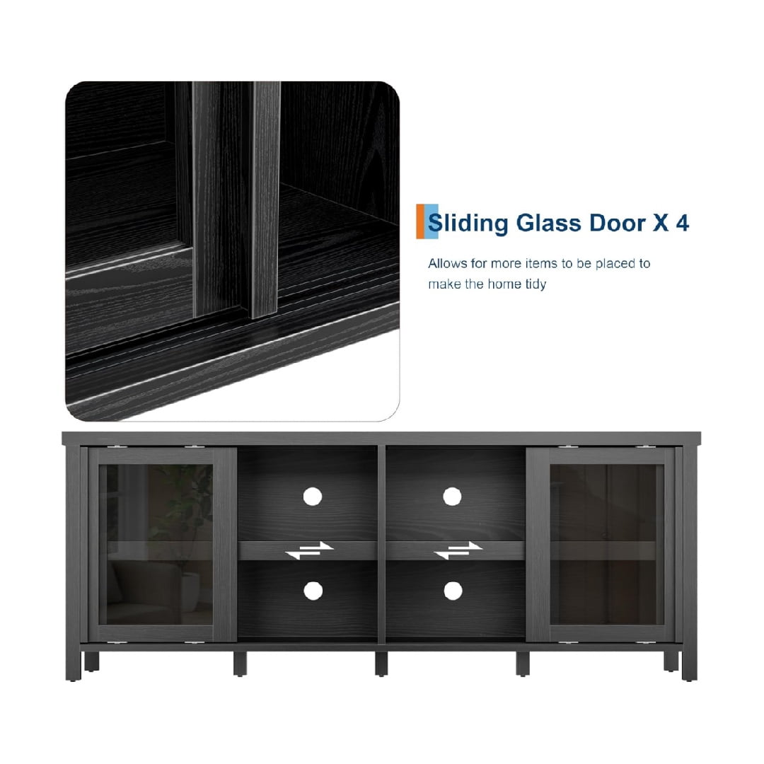 TV Stand for 65 Inch, Entertainment Center with Storage Cabinet and 4 Sliding Glass Doors, Mid Century Modern Media TV Console Table for Living Room Bedroom
