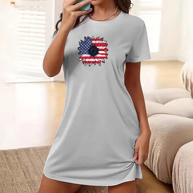 Camisón corto de gran tamaño para mujer, con cuello redondo y mangas cortas, estampado