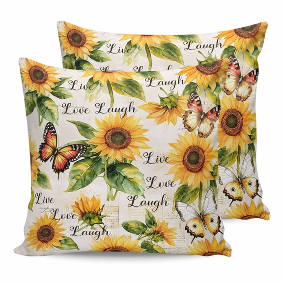 Pillow Covers 18x18 Set of 2, Sunflower Throw Pillow Covers Decorative Couch Cushion Cover, Summer Botanical Vintage Spring Floral Butterfly Microfiber Soft Square Pillowcases for Bedroom Sofa