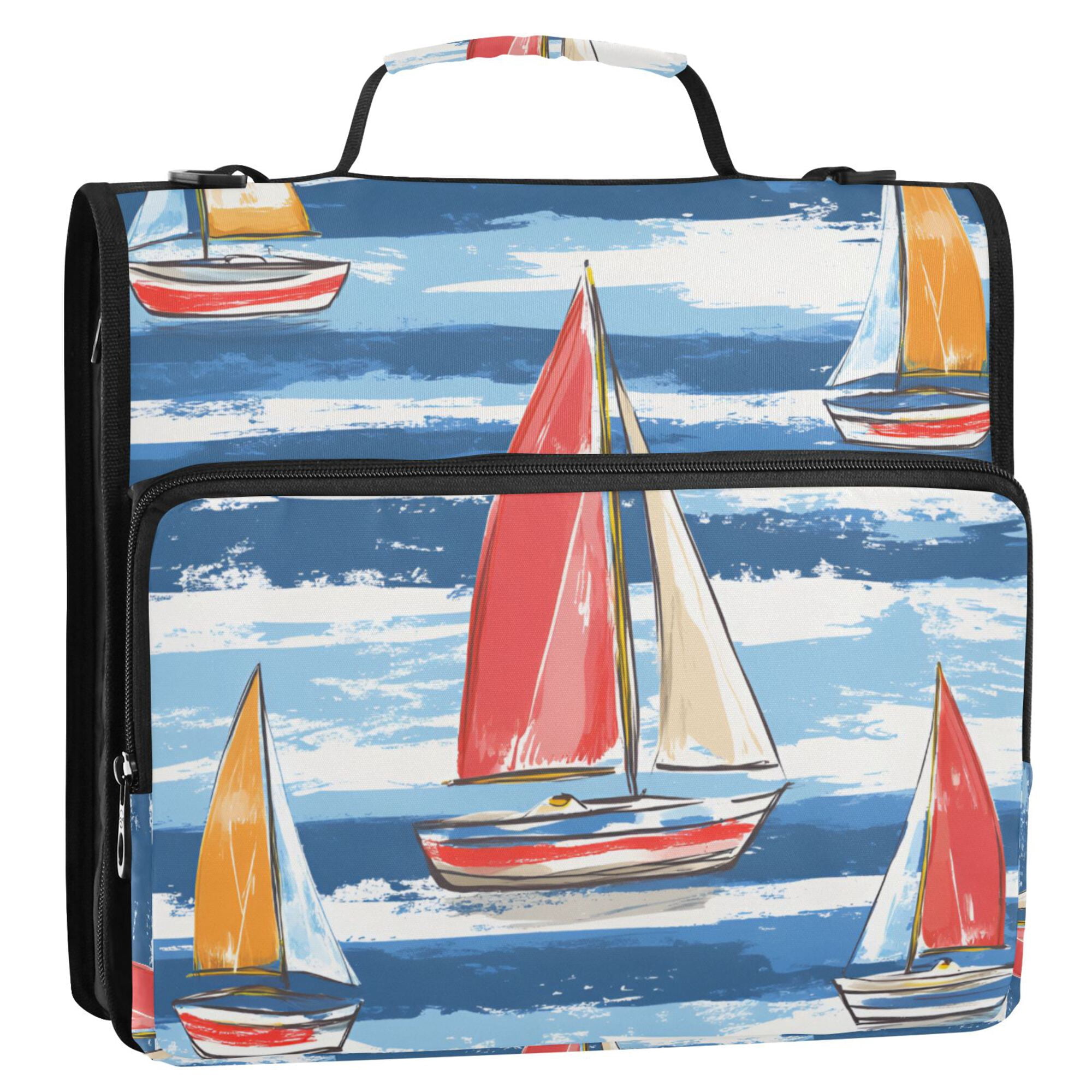 FORMRS Zipper Binder with Shoulder Strap 2-inch Ring 500 Sheet Capacity File Bag, Red Sailboats