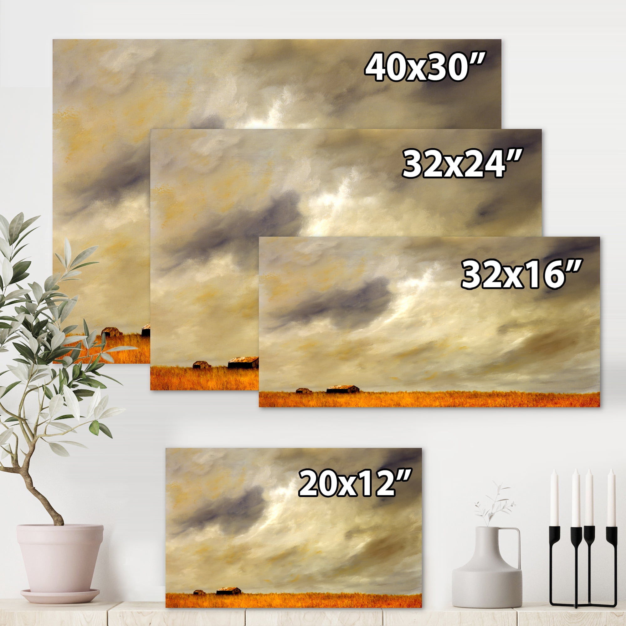 Desert Farmhouse Under Cloudy Sky I 12 in x 8 in Painting Canvas Art Print, by Designart