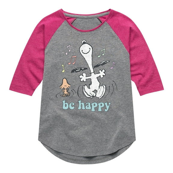 Peanuts - Be Happy Snoopy And Woodstock - Toddler & Youth Girls Raglan Graphic T-Shirt