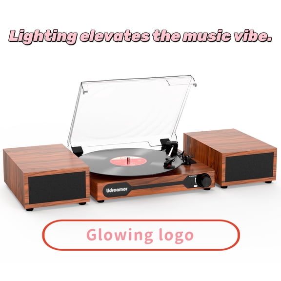 Udreamer Vinyl Record Player with Speakers,Turntables for vinyl records,Vinyl Player (tocadiscos de vinilo),Brown | Lights Logo