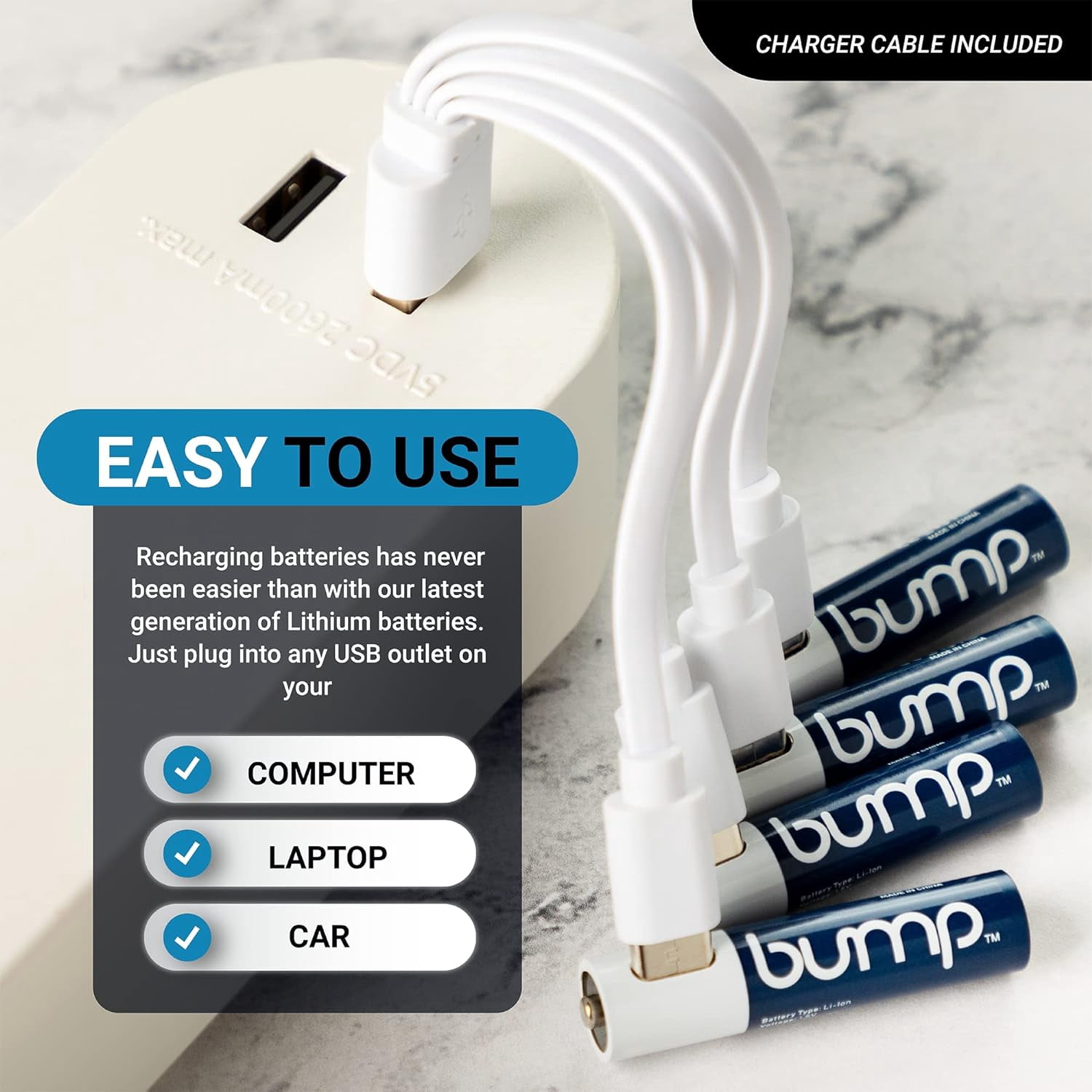 BUMP AAA Rechargeable Batteries - 4 Pack - Lithium Ion, High Output, Fast & Long Lasting USB-C Charge, Use w/Remote Control, Battery Operated Toys, Keyboard, Wireless Mice, Charger Cable Included
