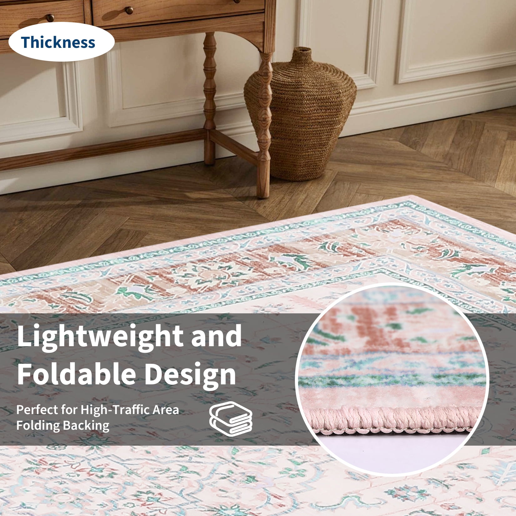 Garvee Vintage Floral Print Area Rug, 10'x13' Washable Rug Stain Resistant Indoor Carpet Non-Slip Low Pile Floor Rugs for Living Room Bedroom Dining Room, Pink