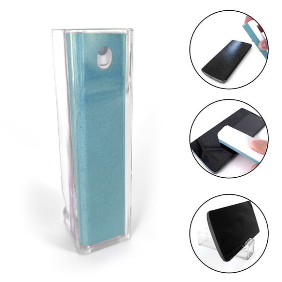 KLIOMAX 3 in 1 Reusable Fingerprint Proof Screen Mist Spray Cleaner with Microfiber and Phone Stand for Phones, Tablets, Laptops, & Car Screens (Blue)