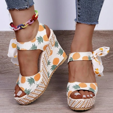 

XIAQUJ Women Fish Mouth Platform High Heels Wedge Sandal Lace Pineapple Print National Style Slope Sandals Sandals for Women Yellow 7(38)