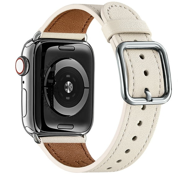 WFEAGL Genuine Leather iwatch Band for iWatch Series 42mm 44mm 45mm Beige/Silver