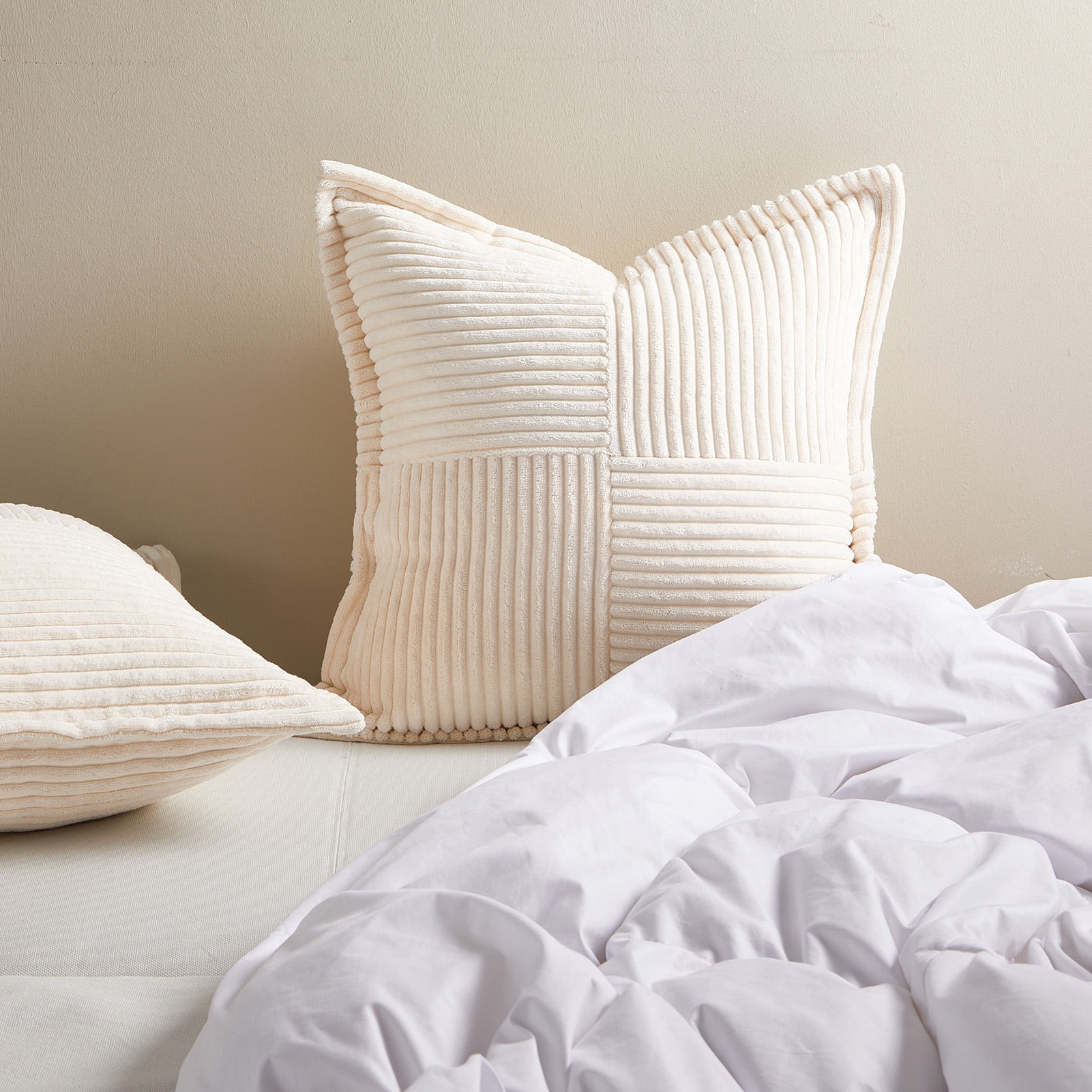 Topfinel 16" x 16" Wide Side Pillowcase,Corduroy Decorative Textured Pillow Cover, Cream,Set of 2