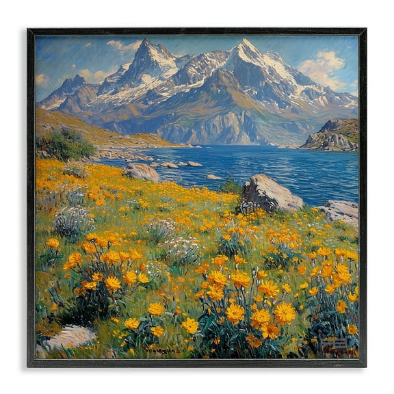 Stupell Industries Mountain Daisy Meadow Landscape & Nature Painting Black Framed Art Print Wall Art, 12 x 12