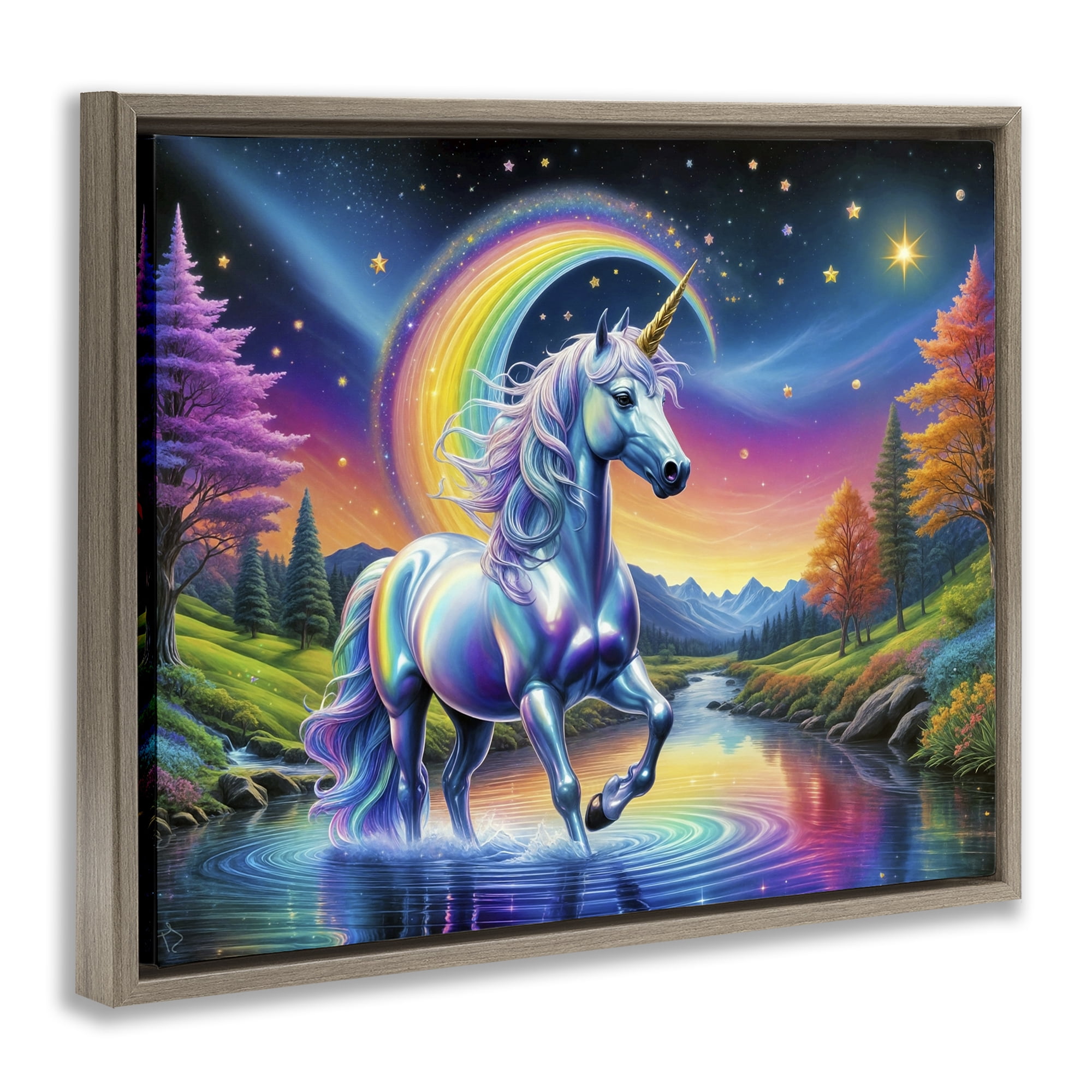 Stupell Industries Rainbow Prism Unicorn Brown Framed Floater Canvas Wall Art, design by Tabz Jones