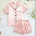 thumbnail image 2 of Lenpel Girls Boys Satin Pajamas Set Cute Short Sleeve Button down Printed Sleepwear Shorts 2 Pcs Summer Pj Sets, 2 of 7