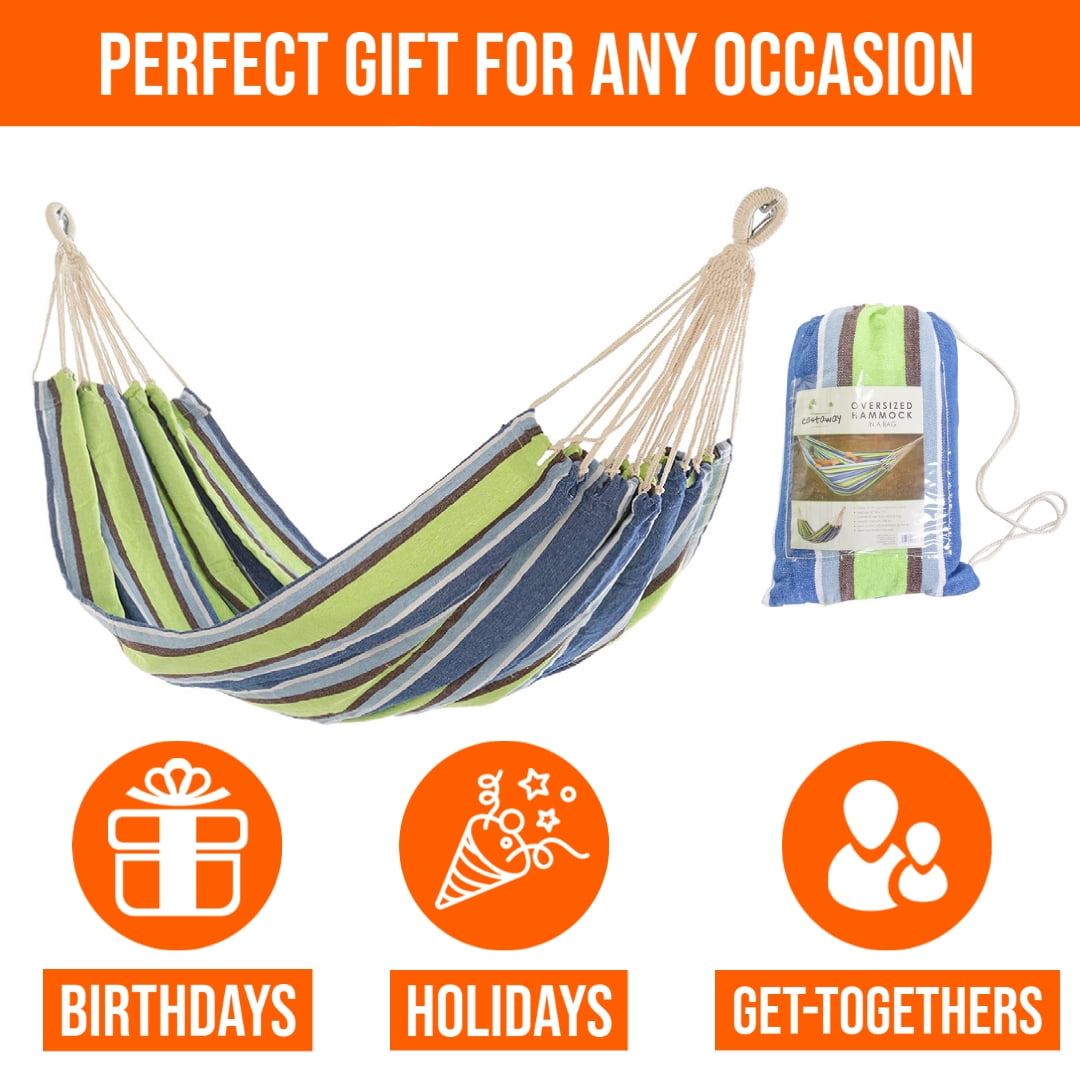 Castaway Living Large Cotton Brazilian Multicolor Stripe Hammock with Matching Storage Bag- Blue Stripe